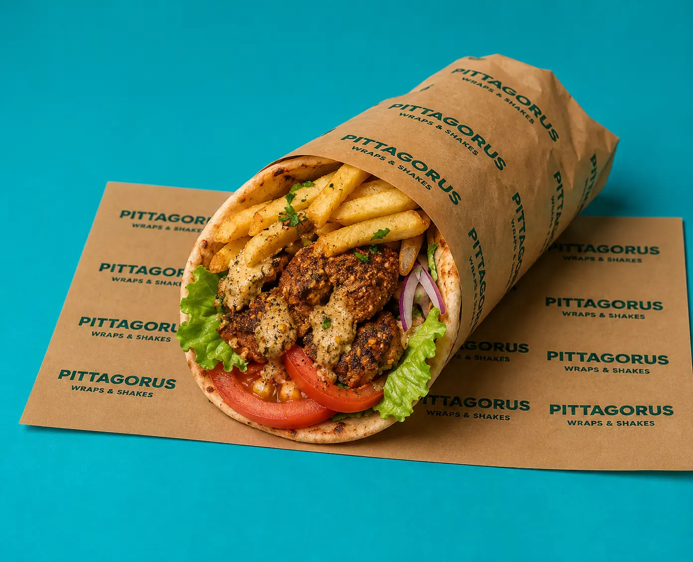 Falafel gyros wrap with chips, tahini sauce and salad in Pittagorus paper
