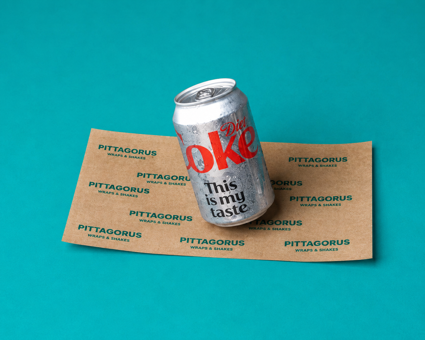 Chilled can of Diet Coke on Pittagorus branded paper