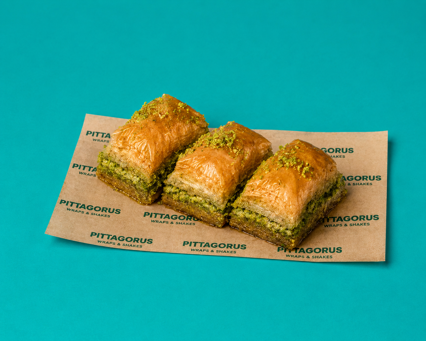Three pieces of pistachio baklava on Pittagorus branded paper