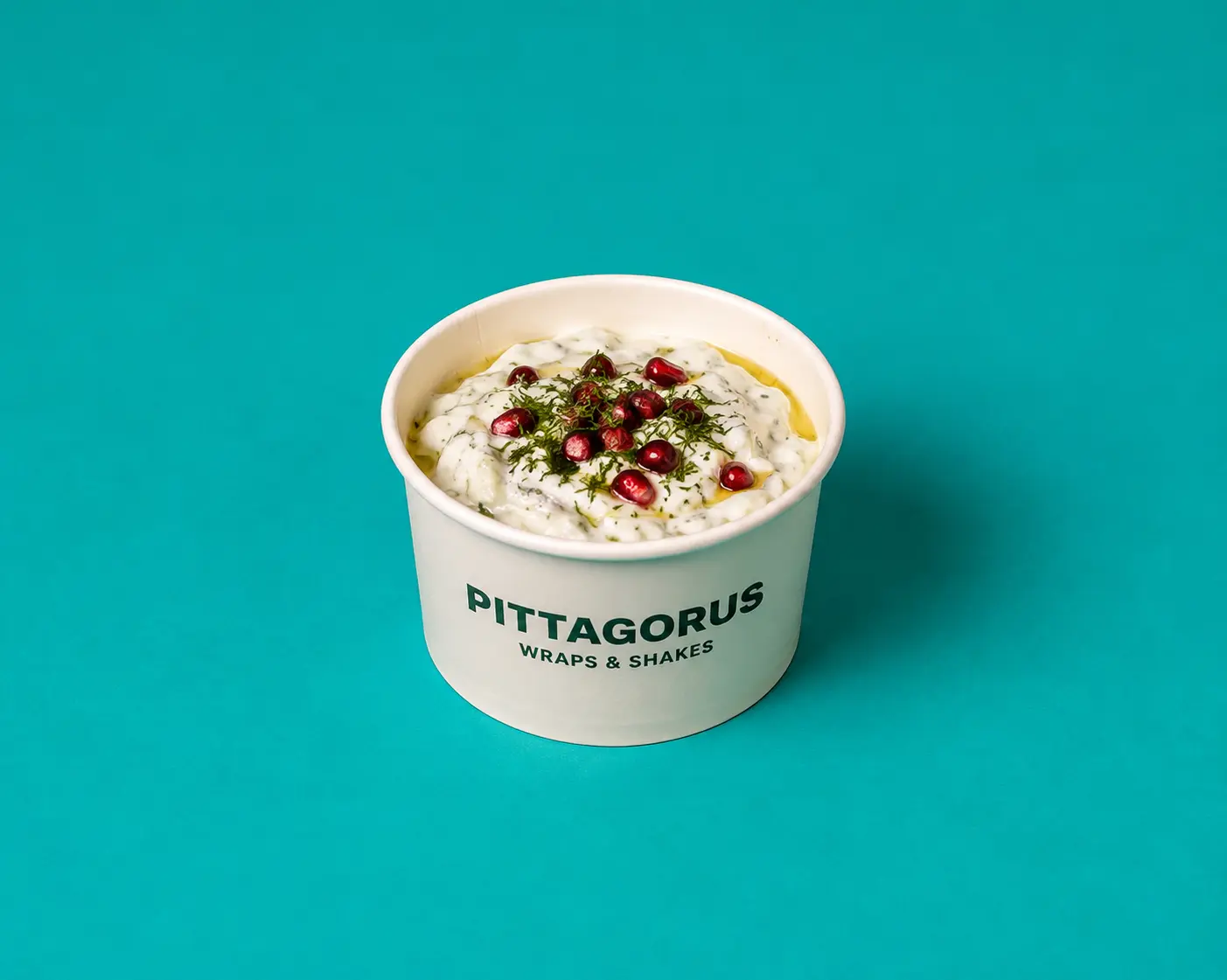 Tub of cacik topped with pomegranate and dill