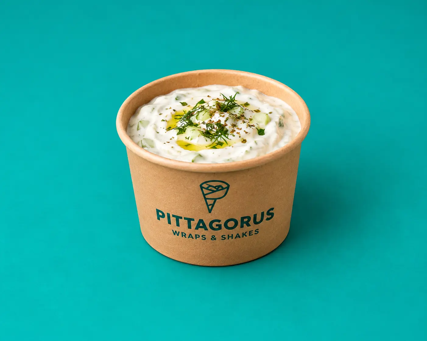 Tub of Pittagorus tzatziki topped with olive oil and herbs