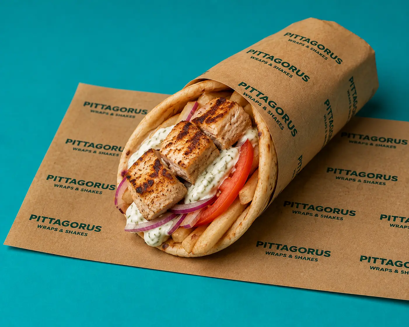 Greek chicken gyros wrap with tzatziki, tomato, red onion and chips in Pittagorus paper