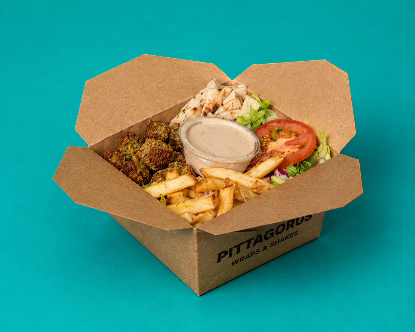 Pittagorus falafel box with chips, pitta, salad and tahini sauce