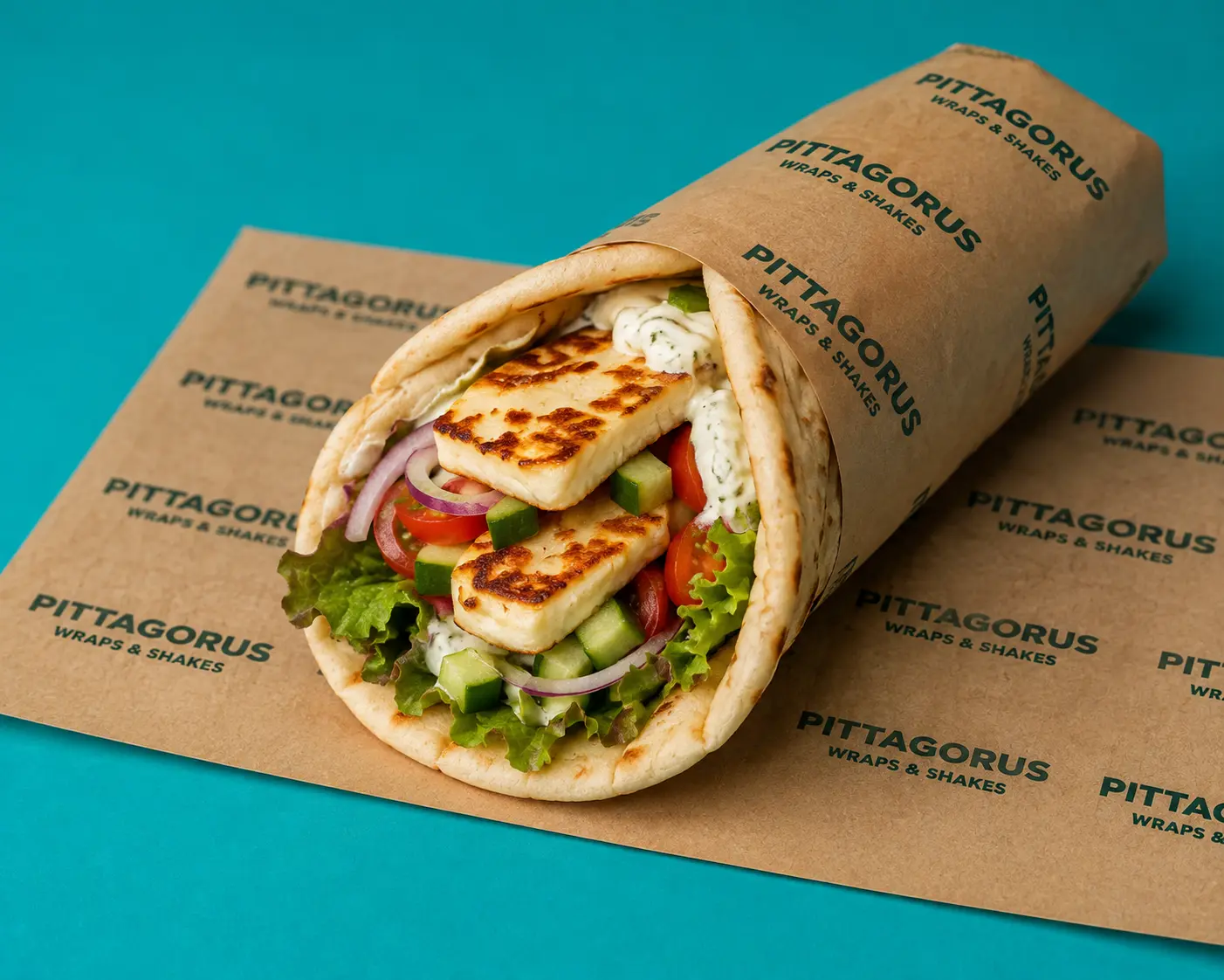 Grilled halloumi wrap with cucumber, tomato and red onion in Pittagorus paper