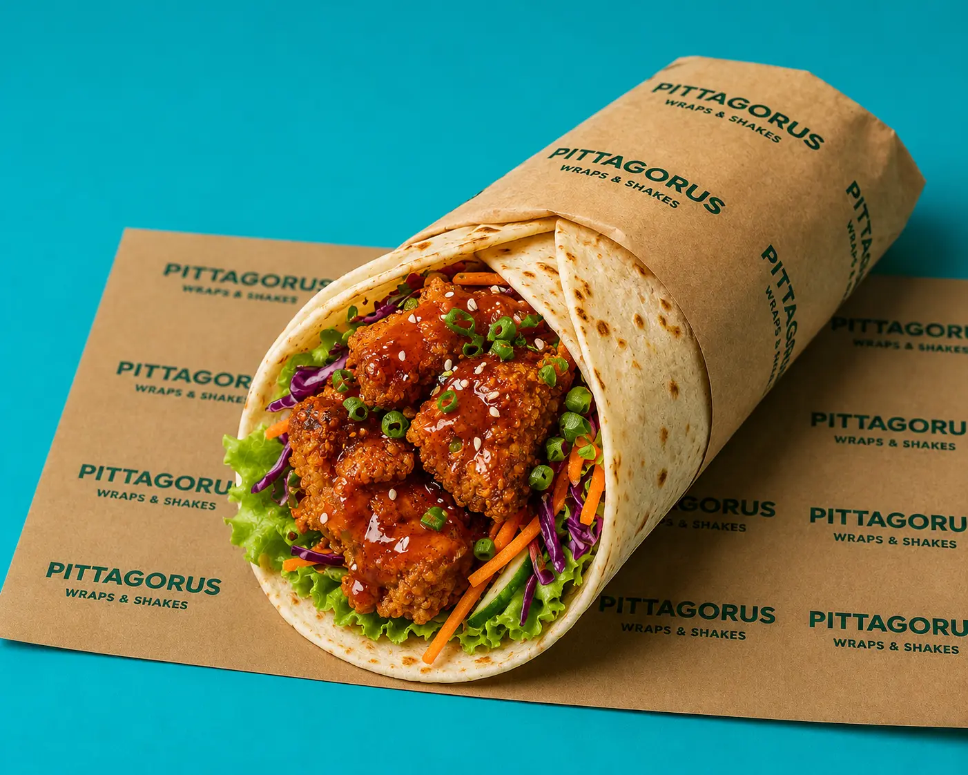 Crispy chicken wrap glazed in hot sauce with slaw and spring onion