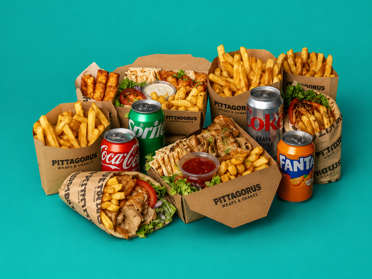Pittagorus meal deal spread with wraps, boxes, chips and drinks