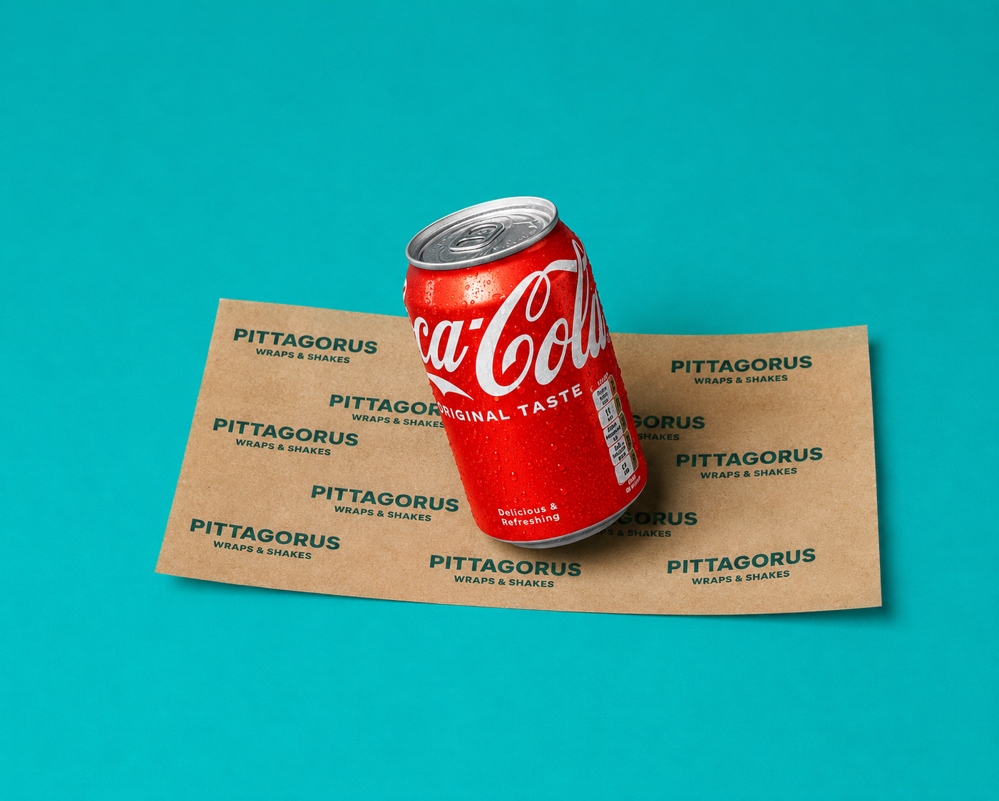 Chilled can of Coca-Cola on Pittagorus branded paper