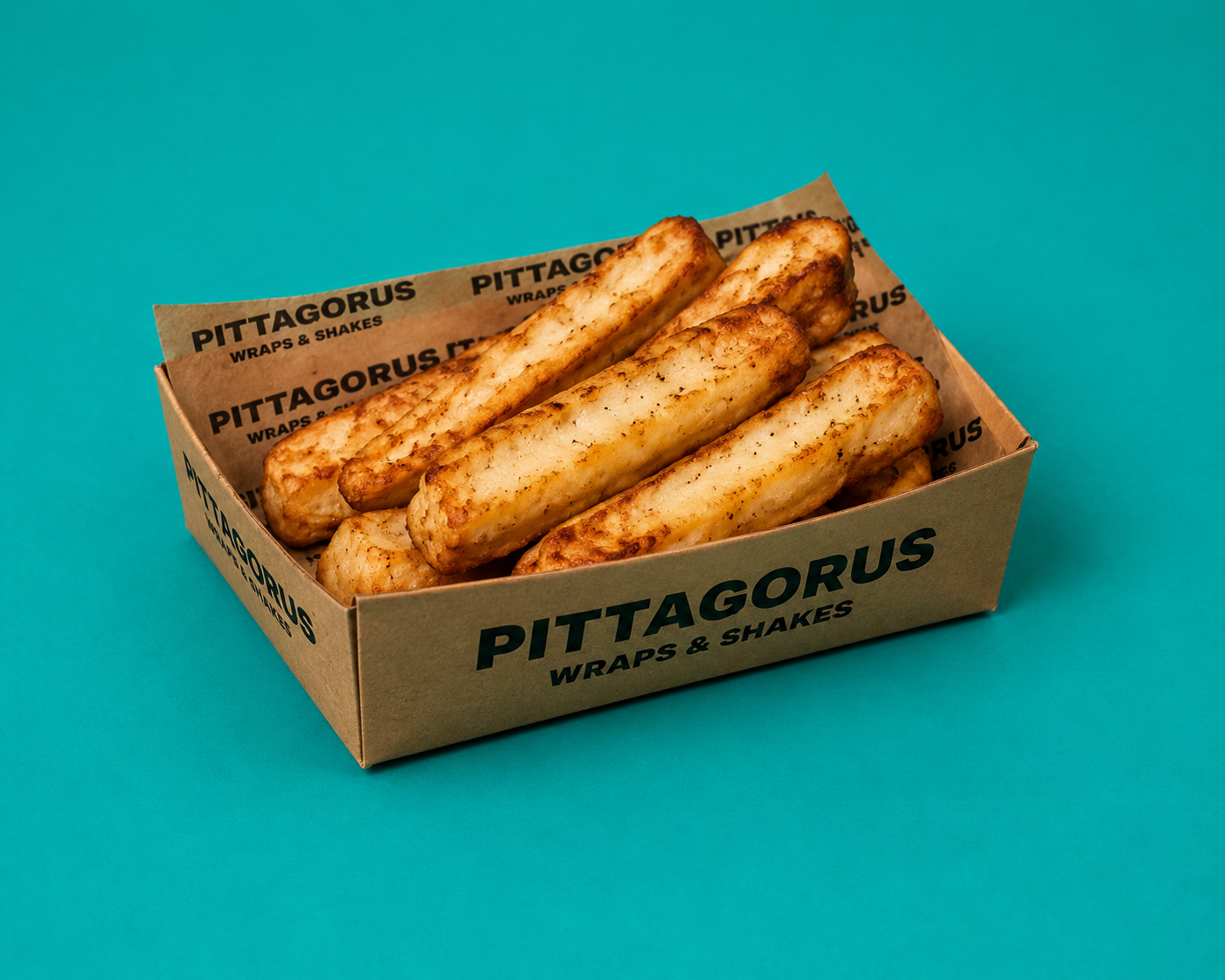 Golden fried halloumi sticks in a Pittagorus branded box
