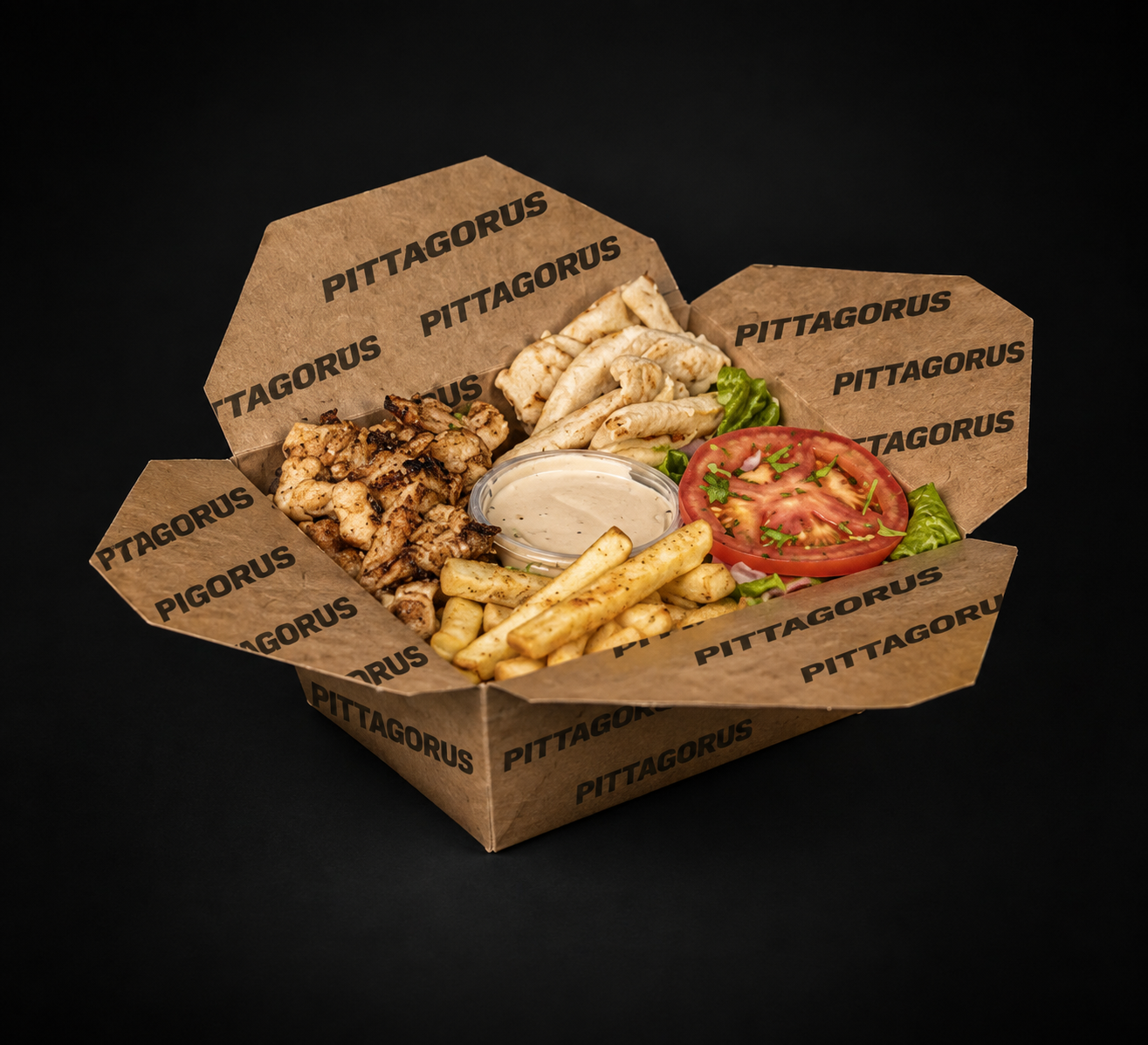 Pittagorus chicken box with chips, flatbread, salad and garlic sauce