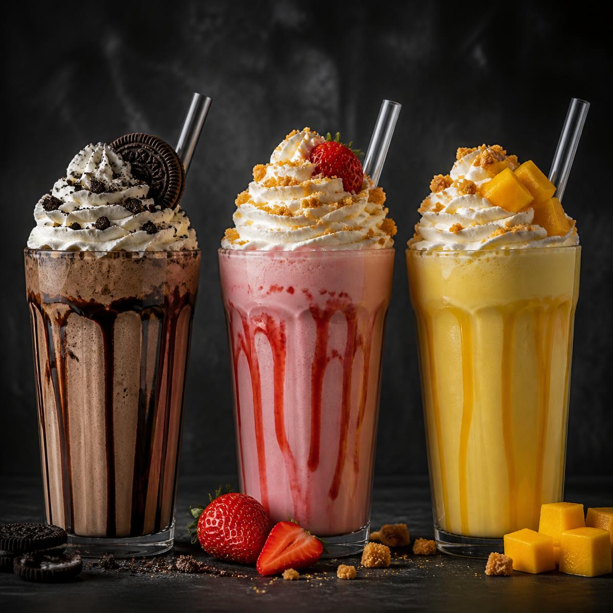 Chocolate, strawberry and mango milkshakes topped with cream